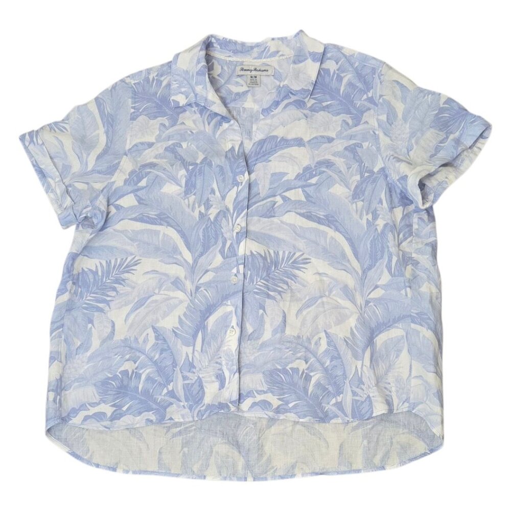 Tommy Bahama Linen Shirt Women's M White Light Blue Tropical Print Button Front - Picture 7 of 8